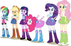 Size: 1080x700 | Tagged: safe, edit, edited screencap, editor:pascalmulokozi2, screencap, applejack, fluttershy, pinkie pie, rainbow dash, rarity, twilight sparkle, equestria girls, g4, my little pony equestria girls, background removed, belt, boots, clothes, cowboy boots, cowboy hat, hat, high heel boots, huh, humane five, humane six, shirt, shoes, simple background, skirt, socks, white background