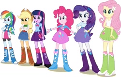Size: 1099x700 | Tagged: safe, edit, edited screencap, editor:pascalmulokozi2, screencap, applejack, fluttershy, pinkie pie, rainbow dash, rarity, twilight sparkle, equestria girls, g4, my little pony equestria girls, background removed, belt, boots, clothes, cowboy boots, cowboy hat, hat, high heel boots, humane five, humane six, shirt, shoes, simple background, skirt, socks, white background