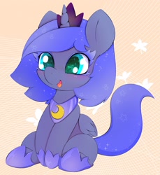 Size: 2750x3000 | Tagged: safe, artist:zokkili, princess luna, alicorn, pony, g4, abstract background, blushing, crown, cute, female, filly, happy, high res, hoof shoes, jewelry, lunabetes, necklace, open mouth, open smile, regalia, sitting, smiling, solo, woona, younger