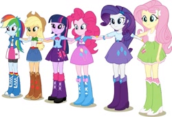 Size: 1031x700 | Tagged: safe, edit, edited screencap, editor:pascalmulokozi2, screencap, applejack, fluttershy, pinkie pie, rainbow dash, rarity, twilight sparkle, equestria girls, g4, my little pony equestria girls, background removed, belt, boots, clothes, cowboy boots, cowboy hat, hat, high heel boots, humane five, humane six, leg warmers, shirt, shoes, simple background, skirt, socks, white background