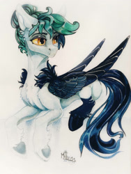 Size: 1728x2304 | Tagged: safe, artist:mithriss, oc, oc only, oc:silvia, pegasus, pony, female, looking back, simple background, solo, traditional art