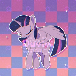 Size: 2000x2000 | Tagged: safe, artist:duvivi, twilight sparkle, alicorn, pony, checkered background, chromatic aberration, cute, eyes closed, female, high res, mare, solo, spread wings, stars, twiabetes, twilight sparkle (alicorn), wings