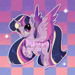 Size: 2000x2000 | Tagged: safe, alternate version, artist:duvivi, twilight sparkle, alicorn, pony, g4, chromatic aberration, cute, cutie mark eyes, eyes closed, female, high res, mare, rainbow power, solo, spread wings, starry eyes, twiabetes, twilight sparkle (alicorn), wingding eyes, wings