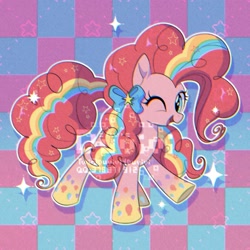Size: 2000x2000 | Tagged: safe, alternate version, artist:duvivi, pinkie pie, earth pony, pony, bow, checkered background, chromatic aberration, cute, diapinkes, female, hair bow, high res, mare, one eye closed, open mouth, rainbow power, solo, stars, wink
