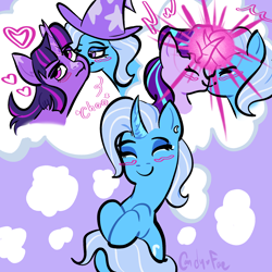 Size: 2000x2000 | Tagged: safe, artist:carconutty, starlight glimmer, trixie, twilight sparkle, alicorn, pony, unicorn, g4, blushing, cheek kiss, curved horn, cute, diatrixes, eyeroll, eyes closed, female, happy, high res, horn, kissing, lesbian, polyamory, ship:startrix, ship:twixie, shipping, smiling, trixie gets all the mares, twilight sparkle (alicorn)