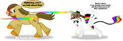 Size: 3744x1279 | Tagged: safe, artist:vector-brony, oc, oc:lightning bliss, oc:vector, g4, angry, aviator goggles, berserk button, blast, dialogue, goggles, magic, magic blast, pursuit, simple background, speech bubble, transparent background