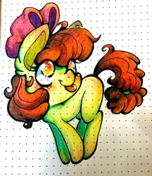 Size: 1280x1479 | Tagged: safe, artist:ratcoonarts, apple bloom, earth pony, pony, g4, adorabloom, alternate hairstyle, blushing, cute, female, filly, foal, solo, tongue out, traditional art