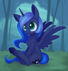 Size: 2886x2988 | Tagged: safe, artist:dusthiel, princess luna, alicorn, pony, g4, :p, chest fluff, cute, female, high res, lunabetes, mare, silly, sitting, smiling, solo, spread wings, tongue out, underhoof, wings