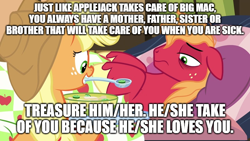 Size: 800x450 | Tagged: safe, edit, edited screencap, screencap, applejack, big macintosh, earth pony, pony, g4, growing up is hard to do, blanket, bowl, floppy ears, food, impact font, looking down, male, mouth hold, plate, positive ponies, soup, stallion