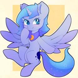Size: 3000x3000 | Tagged: safe, artist:zokkili, princess luna, alicorn, pony, g4, cute, ethereal mane, female, filly, foal, high res, horn, lunabetes, solo, sparkly eyes, sparkly mane, spread wings, starry mane, stars, wingding eyes, wings, woona, younger
