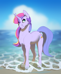 Size: 1800x2200 | Tagged: safe, artist:joan-grace, oc, oc only, pony, unicorn, beach, commission, solo, water, ych result