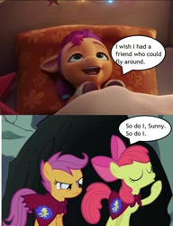 Size: 1056x1372 | Tagged: safe, edit, edited screencap, screencap, apple bloom, scootaloo, sunny starscout, earth pony, pegasus, pony, g4, g5, my little pony: a new generation, stare master, spoiler:my little pony: a new generation, angry, apple bloom's bow, bed, blanket, bow, cape, cave, clothes, comic, eyes closed, female, filly, filly sunny starscout, foal, hair bow, looking at someone, looking up, raised hoof, scootaloo can't fly, scootaloo is not amused, screencap comic, sleepy, speech bubble, text, this will end in pain, this will not end well, unamused, younger
