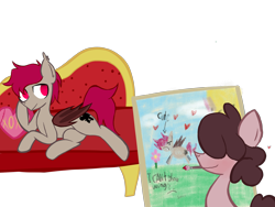 Size: 2000x1500 | Tagged: safe, artist:alandisc, oc, oc:alansin, oc:mxmx, bat pony, pony, badly drawn, bat wings, blushing, canvas, couch, draw me like one of your french girls, gay, hair covering face, heart, male, no pupils, oc x oc, paintbrush, painting, pillow, shipping, simple background, transparent background, wings