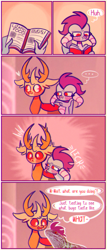 Size: 546x1280 | Tagged: safe, artist:sockiepuppetry, princess ember, thorax, changedling, changeling, dragon, lizard, g4, ..., book, comic, dialogue, female, floppy ears, heart, king thorax, licking, live action, male, reading, ship:embrax, shipping, shocked, speech bubble, straight, tongue out