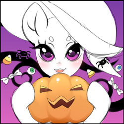Size: 660x661 | Tagged: safe, artist:miioko, oc, oc only, earth pony, pony, blushing, candy, commission, earth pony oc, eyelashes, food, gradient background, halloween, hat, holiday, jack-o-lantern, pumpkin, solo, your character here