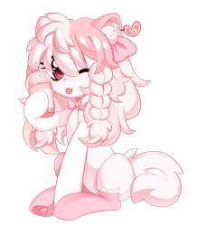 Size: 1632x1866 | Tagged: safe, artist:miioko, oc, oc only, earth pony, pony, :p, braid, clothes, commission, drinking, eyelashes, female, mare, one eye closed, paw pads, paw socks, simple background, sitting, socks, solo, tongue out, transparent background, wink, ych result
