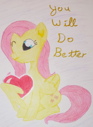 Size: 1755x2391 | Tagged: safe, artist:averkoswolf, derpibooru exclusive, fluttershy, pegasus, pony, g4, colored pencil drawing, female, heart, high res, mare, one eye closed, positive message, sitting, smiling, solo, text, traditional art, wing hold, wings