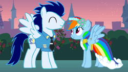 Size: 1920x1080 | Tagged: safe, artist:mlplary6, rainbow dash, soarin', pegasus, pony, a canterlot wedding, g4, animated, backwards cutie mark, dancing, duo, duo male and female, eyes closed, female, gif, male, mare, raised hoof, ship:soarindash, shipping, smiling, spread wings, stallion, straight, wings