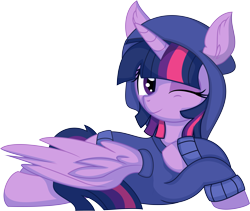 Size: 7357x6218 | Tagged: safe, artist:cyanlightning, twilight sparkle, alicorn, pony, g4, .svg available, absurd resolution, clothes, cute, female, hoodie, lying down, mare, one eye closed, prone, simple background, smiling, solo, spread wings, transparent background, twiabetes, twilight sparkle (alicorn), vector, wings, wink
