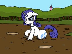 Size: 1280x960 | Tagged: safe, artist:deviationinator, rarity, pony, unicorn, g4, duo, forest, jewelry, mud, necklace, quicksand, rarity is not amused, sinking, stuck, unamused