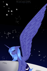 Size: 1148x1709 | Tagged: safe, artist:revenge.cats, princess luna, alicorn, pony, g4, chest fluff, crying, eyes closed, impossibly large wings, large wings, lineless, moon, on the moon, s1 luna, solo, space, stars, wing fluff, wings