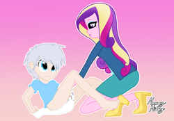 Size: 2360x1640 | Tagged: safe, artist:mommymidday, dean cadance, princess cadance, oc, oc:andy, human, equestria girls, g4, my little pony equestria girls: better together, cardigan, clothes, diaper, diaper change, diaper fetish, eyeshadow, fetish, gradient background, high heels, kneeling, long hair, lying down, makeup, non-baby in diaper, pencil skirt, shoes, show accurate, signature, simple background, sitting up, skirt