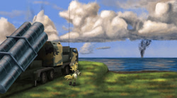 Size: 1280x713 | Tagged: safe, artist:dr-fade, oc, earth pony, pony, black sea, butt, clothes, cloud, coast, comments locked down, current events, earth pony oc, military uniform, military vehicle, neptune (missile), ocean, plot, r-360 neptune, rocket launcher, sky, smoke, solo, standing on two hooves, trident, tryzub, ukraine, uniform, warship moskova, water, weapon