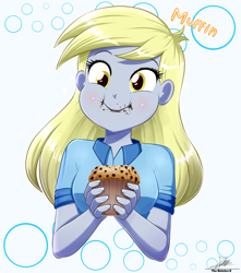 Size: 2408x2720 | Tagged: safe, artist:the-butch-x, derpy hooves, human, equestria girls, g4, background human, clothes, cute, derpabetes, female, food, high res, muffin, shirt, simple background, solo, white background