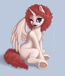 Size: 1137x1323 | Tagged: safe, alternate version, artist:gabrilis, oc, oc:rosiesquish, alicorn, pony, curly hair, lipstick, makeup, solo, tongue out