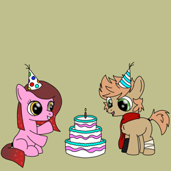 Size: 2500x2500 | Tagged: safe, artist:tenebris, oc, oc only, oc:cherry bottom, oc:himmel, earth pony, pony, bandage, birthday, birthday cake, cake, clothes, colt, earth pony oc, foal, food, gloves, hat, high res, male, party hat, scarf, simple background