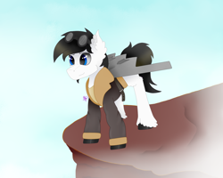 Size: 1500x1200 | Tagged: oc name needed, safe, artist:kathepart, oc, oc only, original species, pegasus, plane pony, pony, abstract background, black hair, blue eyes, clothes, cloud, cloudy, coat, goggles, male, pegasus oc, plane, rock, solo, stallion