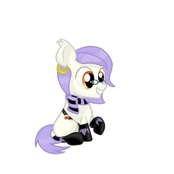 Size: 2000x2000 | Tagged: safe, artist:candy meow, oc, oc only, oc:mockery, earth pony, pony, amber eyes, clothes, colt, digital art, ear fluff, ear piercing, earring, earth pony oc, foal, glasses, grin, high res, jewelry, lifting leg, male, mane, piercing, potion, purple hair, purple mane, purple tail, raised hoof, scarf, simple background, sitting, smiling, socks, solo, striped scarf, tail, transparent background, white body, white fur