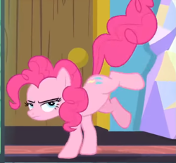 Size: 1067x991 | Tagged: safe, screencap, pinkie pie, earth pony, pony, ail-icorn, g4, interseason shorts, badass, blue eyes, cropped, death stare, door, epic, glare, glaring daggers, kick, kicking, lidded eyes, pinkie pie is not amused, serious, serious face, solo, twilight's bedroom, twilight's castle, unamused