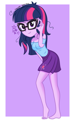 Size: 1745x2818 | Tagged: safe, artist:kingdark0001, sci-twi, twilight sparkle, human, equestria girls, g4, barefoot, clothes, feet, female, frazzled hair, glasses, high res, looking at you, looking back, looking back at you, missing shoes, show accurate, smiling, solo