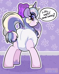Size: 3189x4000 | Tagged: safe, artist:duckie, oc, oc:desert sage, pony, unicorn, adult foal, bow, butt, diaper, diaper butt, diaper fetish, dock, eyebrows, eyebrows visible through hair, fetish, frog (hoof), hair bow, looking back, non-baby in diaper, pigtails, plot, rear view, solo, speech bubble, tail, tail hole, talking, twintails, underhoof, unshorn fetlocks, wingding eyes