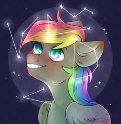 Size: 2004x2048 | Tagged: safe, oc, oc only, oc:dark rainbow, pegasus, pony, blue eyes, blushing, constellation, cute, cutie mark, cutie mark background, high res, male, solo, space, stallion, stars