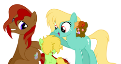 Size: 5064x2675 | Tagged: safe, artist:feather_bloom, oc, oc only, oc:cocoa butter(fb), oc:gingerpop(fb), oc:melody waves(fb), oc:prana root(fb), earth pony, pony, family, female, filly, foal, freckles, hair over eyes, kids, pacifier, ruffled hair, simple background, white background