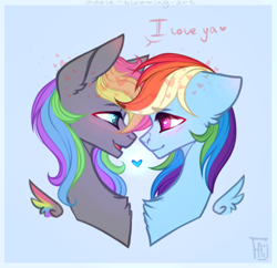 Size: 360x349 | Tagged: safe, artist:adele-blooming-art, rainbow dash, oc, oc:dark rainbow, pegasus, pony, g4, blue background, bust, canon x oc, colored wings, commission, darsh, duo, eye contact, female, floating wings, heart, i love you, looking at each other, looking at someone, male, mare, multicolored wings, pegasus oc, rainbow wings, shipping, simple background, smiling, stallion, straight, wings, ych result