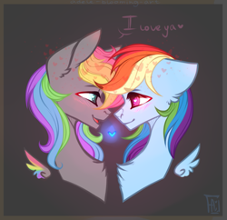 Size: 881x854 | Tagged: safe, artist:adele-blooming-art, rainbow dash, oc, oc:dark rainbow, pegasus, pony, g4, black background, blushing, bust, canon x oc, chest fluff, colored wings, commission, cute, darsh, duo, ear fluff, eye contact, female, floating wings, heart, i love you, looking at each other, looking at someone, male, mare, multicolored hair, multicolored wings, pegasus oc, rainbow hair, rainbow wings, shipping, simple background, smiling, straight, wings, ych result