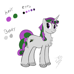 Size: 2550x2550 | Tagged: safe, artist:rachel_rascal, oc, oc only, oc:rachel rascal, pony, unicorn, braid, braided tail, chest fluff, curly hair, cute, cutie mark, female, fluffy, green hair, high res, leg fluff, mare, multicolored mane, multicolored tail, purple hair, reference sheet, simple background, solo, tail, white background