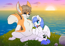 Size: 3508x2480 | Tagged: safe, artist:wbp, oc, oc only, oc:snow pup, pegasus, pony, anthro, duo, eyepatch, furry, high res, horizon, ocean, outdoors, pet tag, sitting, sun, sunset, tongue out, water