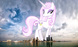 Size: 1920x1169 | Tagged: safe, artist:90sigma, artist:thegiantponyfan, fleur-de-lis, pony, unicorn, g4, detroit, female, giant pony, giant unicorn, giantess, highrise ponies, irl, looking at you, macro, mare, mega giant, michigan, photo, ponies in real life, smiling, story included