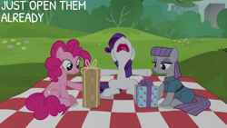 Size: 1280x720 | Tagged: safe, edit, edited screencap, editor:quoterific, screencap, maud pie, pinkie pie, rarity, earth pony, pony, unicorn, g4, season 6, the gift of the maud pie, female, mare, nose in the air, open mouth, picnic blanket, present, text, trio