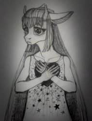 Size: 1690x2227 | Tagged: safe, artist:pessadie, oc, oc only, anthro, clothes, female, grayscale, horns, monochrome, solo, traditional art