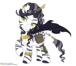 Size: 1280x1103 | Tagged: safe, artist:elberas, oc, oc only, zebra, bag, base used, bracelet, ear piercing, earring, eyelashes, female, frown, hairpin, jewelry, leonine tail, mare, neck rings, piercing, raised hoof, saddle bag, simple background, solo, tail, white background, zebra oc