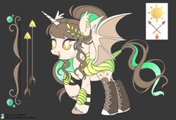 Size: 1280x868 | Tagged: safe, artist:elberas, oc, oc only, alicorn, bat pony, bat pony alicorn, pony, arrow, base used, bat pony oc, bat wings, bow (weapon), dark background, eyelashes, female, heterochromia, horn, laurel wreath, mare, reference sheet, solo, wings