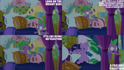 Size: 1280x720 | Tagged: safe, edit, edited screencap, editor:quoterific, screencap, spike, twilight sparkle, alicorn, dragon, pony, g4, school daze, season 8, bed, cute, duo, duo male and female, eyes closed, female, male, mare, open mouth, open smile, pillow, smiling, spikabetes, text, twilight sparkle (alicorn), twilight's castle