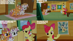 Size: 1280x720 | Tagged: safe, edit, edited screencap, editor:quoterific, screencap, apple bloom, noi, scootaloo, sweetie belle, earth pony, pegasus, pony, unicorn, g4, ponyville confidential, season 2, ^^, adorabloom, apple bloom's bow, bow, camera, clubhouse, crusaders clubhouse, cute, cutie mark crusaders, eyes closed, female, filly, foal, hair bow, mud, newspaper, open mouth, open smile, smiling, text