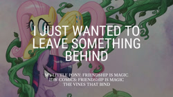 Size: 1280x720 | Tagged: safe, edit, editor:quoterific, idw, fluttershy, twilight sparkle, alicorn, pegasus, pony, g4, duo, female, mare, smiling, text, the vines that bind, twilight sparkle (alicorn), vine