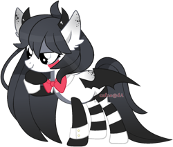 Size: 1358x1155 | Tagged: safe, artist:cafne, oc, oc only, bat pony, pony, base used, bat pony oc, bat wings, bowtie, clothes, cuffs (clothes), ear fluff, eyelashes, female, mare, simple background, smiling, socks, solo, striped socks, thinking, transparent background, wings